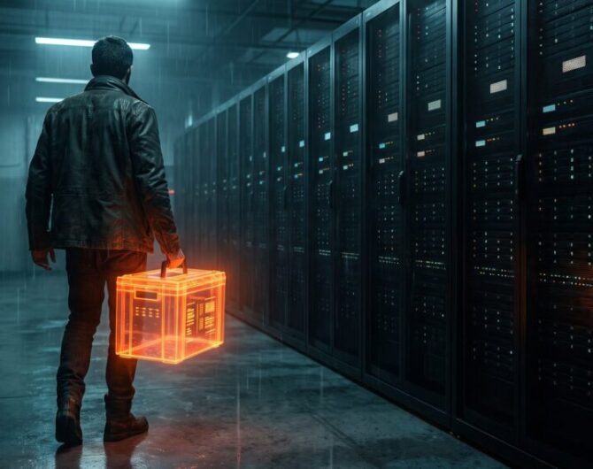 Person walking in data center holding a glowing digital cube.