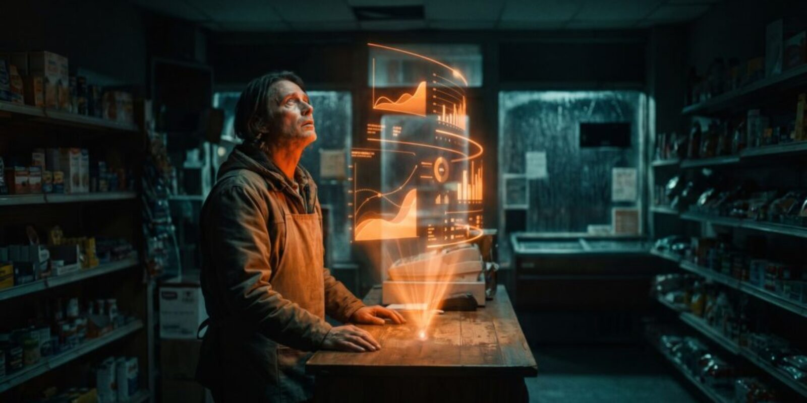 Person using holographic AI interface in a store setting.