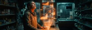 Person using holographic AI interface in a store setting.