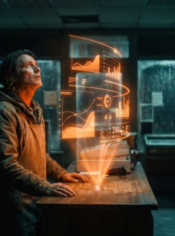 Person using holographic AI interface in a store setting.