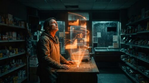 Person using holographic AI interface in a store setting.