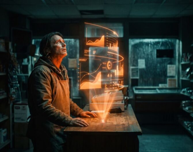 Person using holographic AI interface in a store setting.