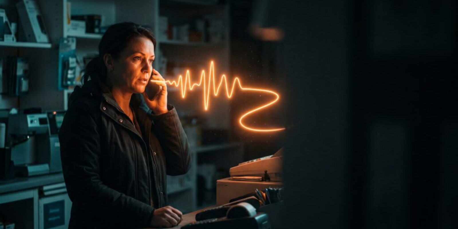 Woman talking on phone with digital heartbeat graphic in background.