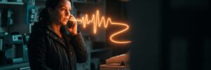 Woman talking on phone with digital heartbeat graphic in background.