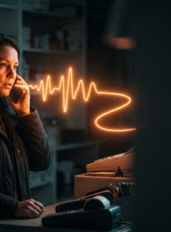 Woman talking on phone with digital heartbeat graphic in background.