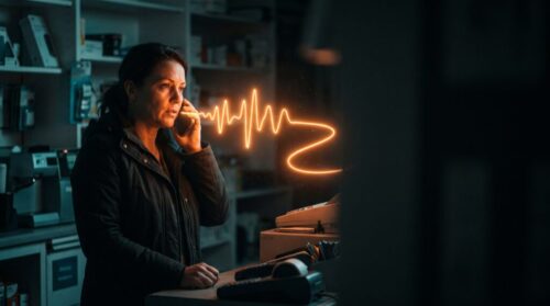 Woman talking on phone with digital heartbeat graphic in background.