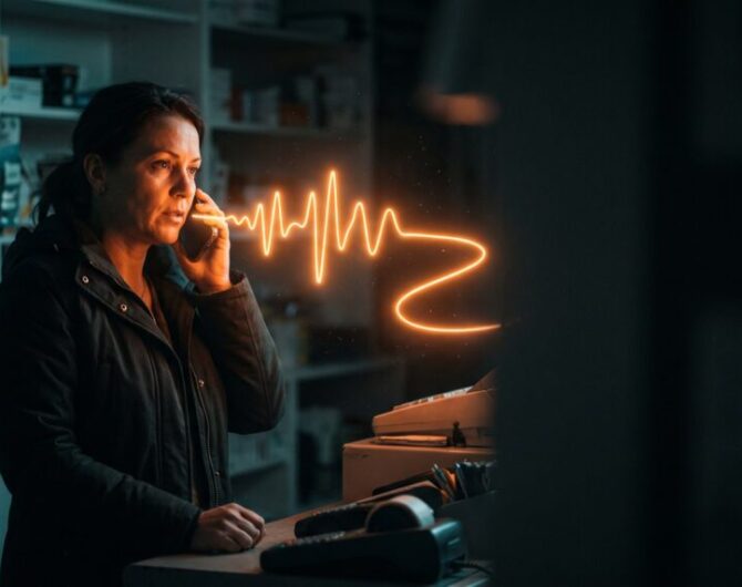 Woman talking on phone with digital heartbeat graphic in background.