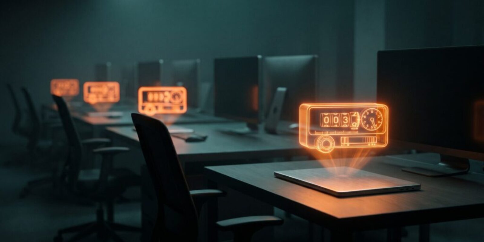 Modern conference room with holographic AI interface and multiple monitors.