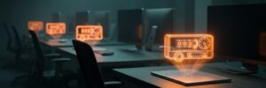 Modern conference room with holographic AI interface and multiple monitors.