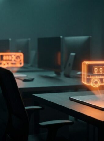 Modern conference room with holographic AI interface and multiple monitors.