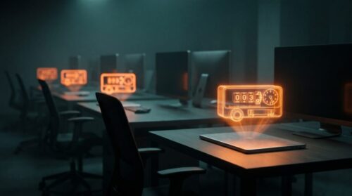 Modern conference room with holographic AI interface and multiple monitors.