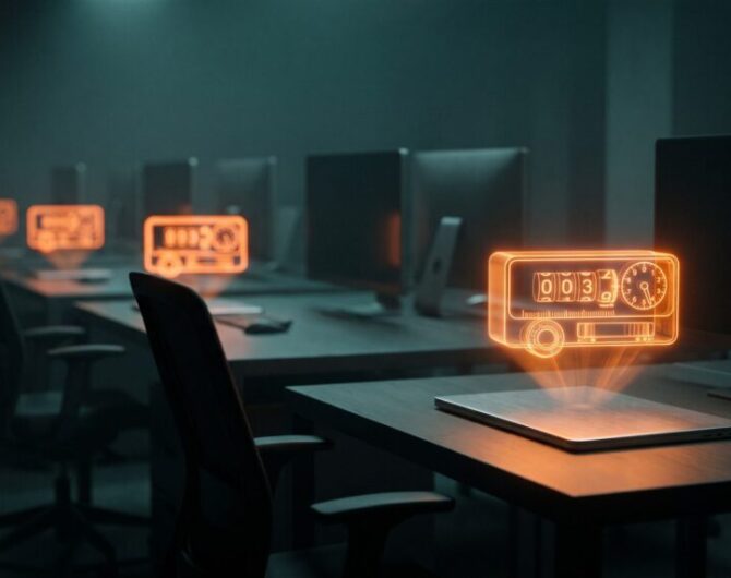 Modern conference room with holographic AI interface and multiple monitors.