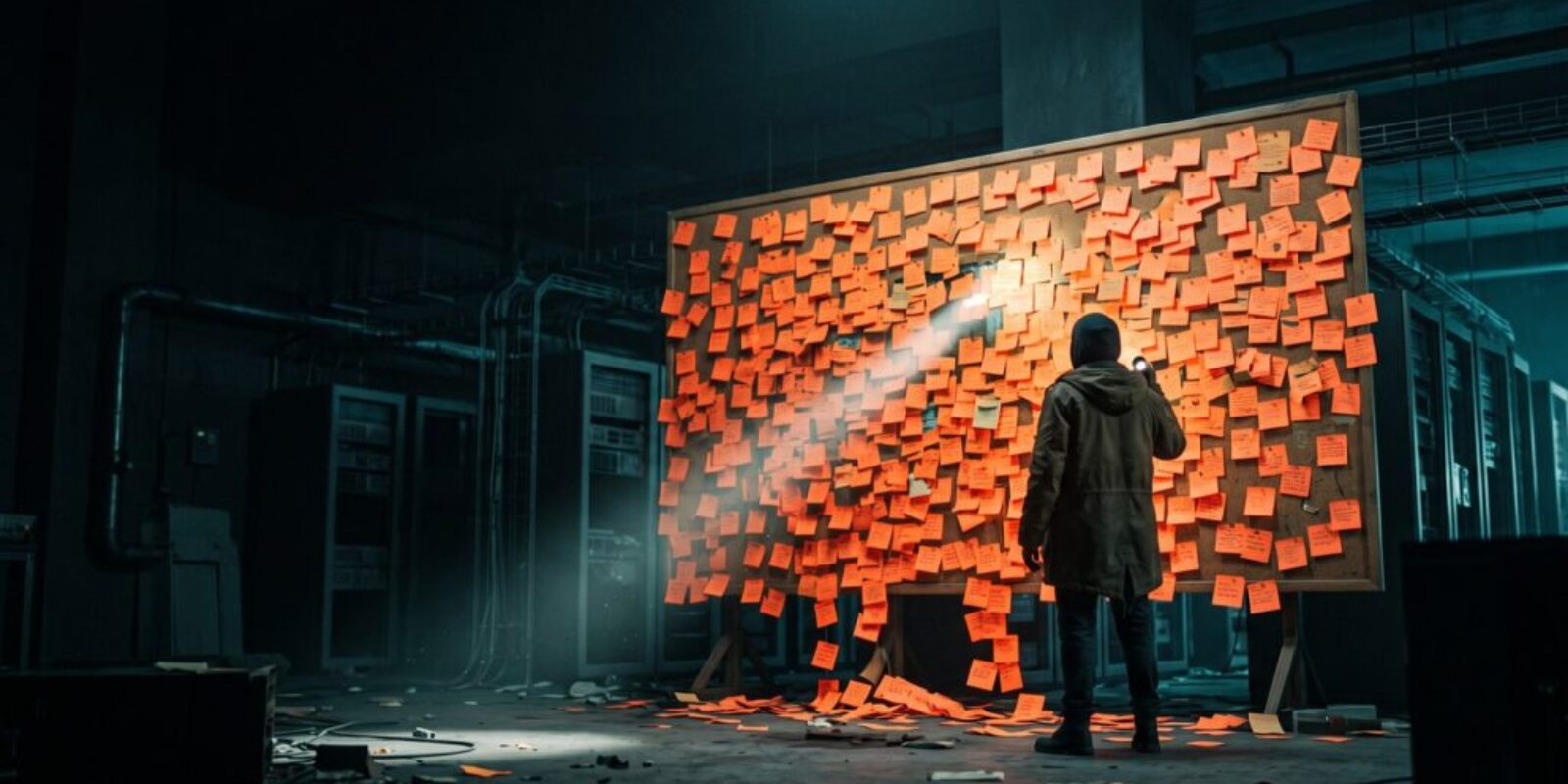 Person analyzing a large digital screen with sticky notes in a tech lab.