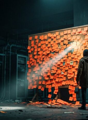 Person analyzing a large digital screen with sticky notes in a tech lab.