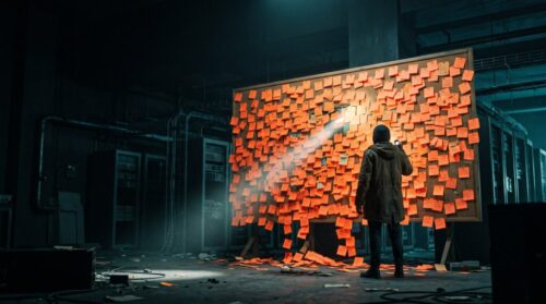 Person analyzing a large digital screen with sticky notes in a tech lab.