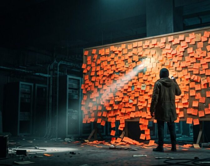 Person analyzing a large digital screen with sticky notes in a tech lab.