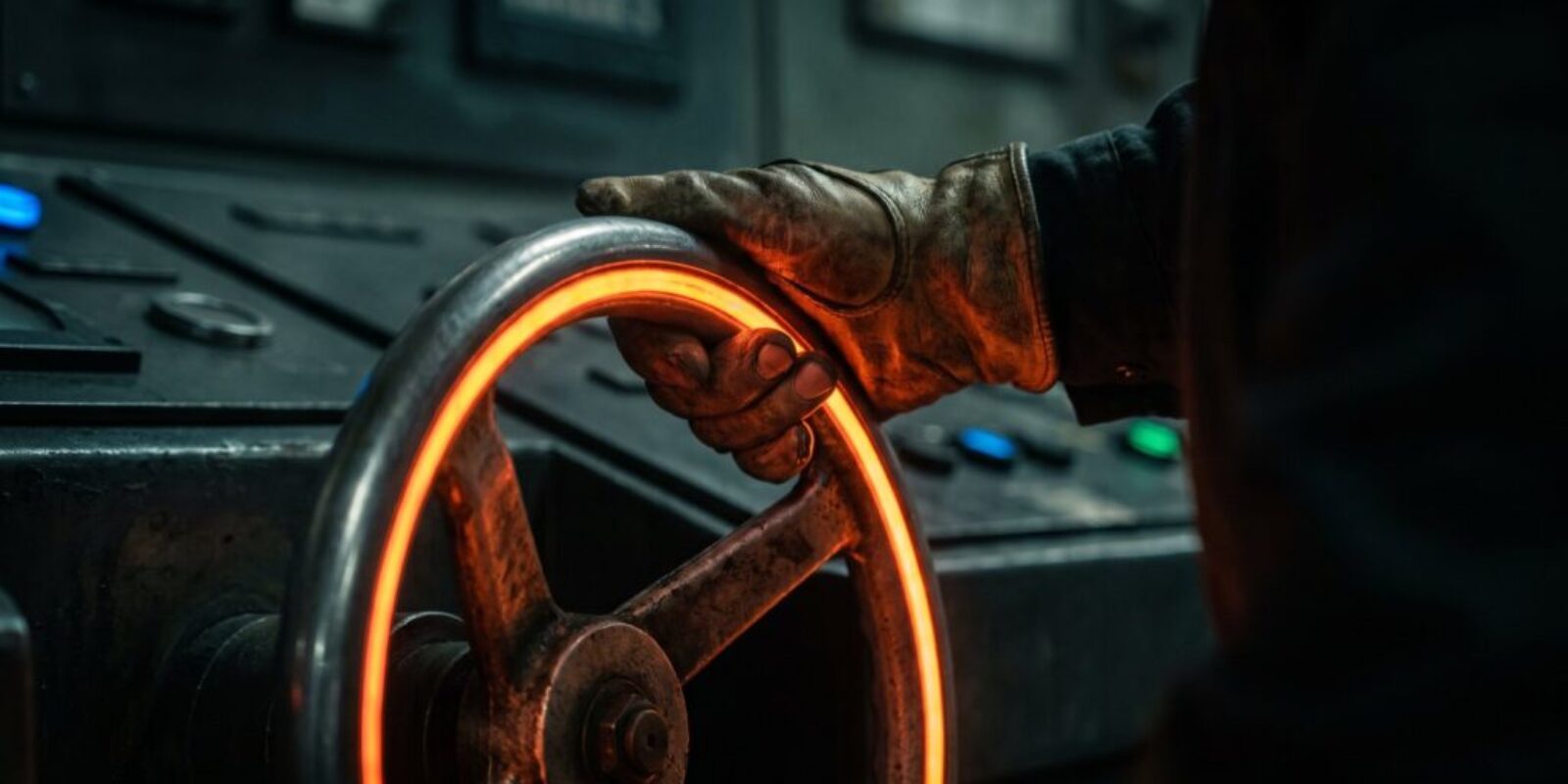 Close-up of a hand gripping a glowing orange wheel in an industrial setting.