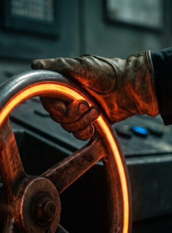 Close-up of a hand gripping a glowing orange wheel in an industrial setting.