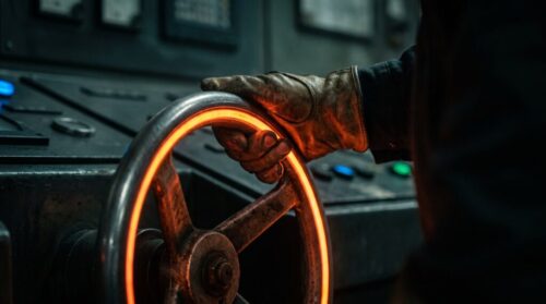 Close-up of a hand gripping a glowing orange wheel in an industrial setting.
