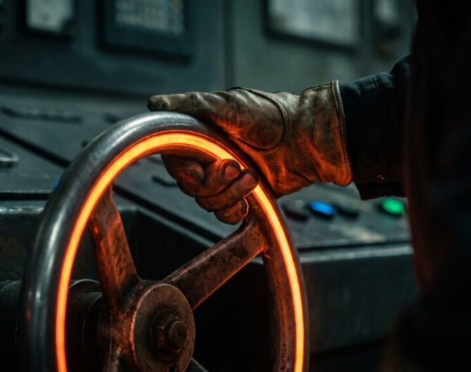 Close-up of a hand gripping a glowing orange wheel in an industrial setting.