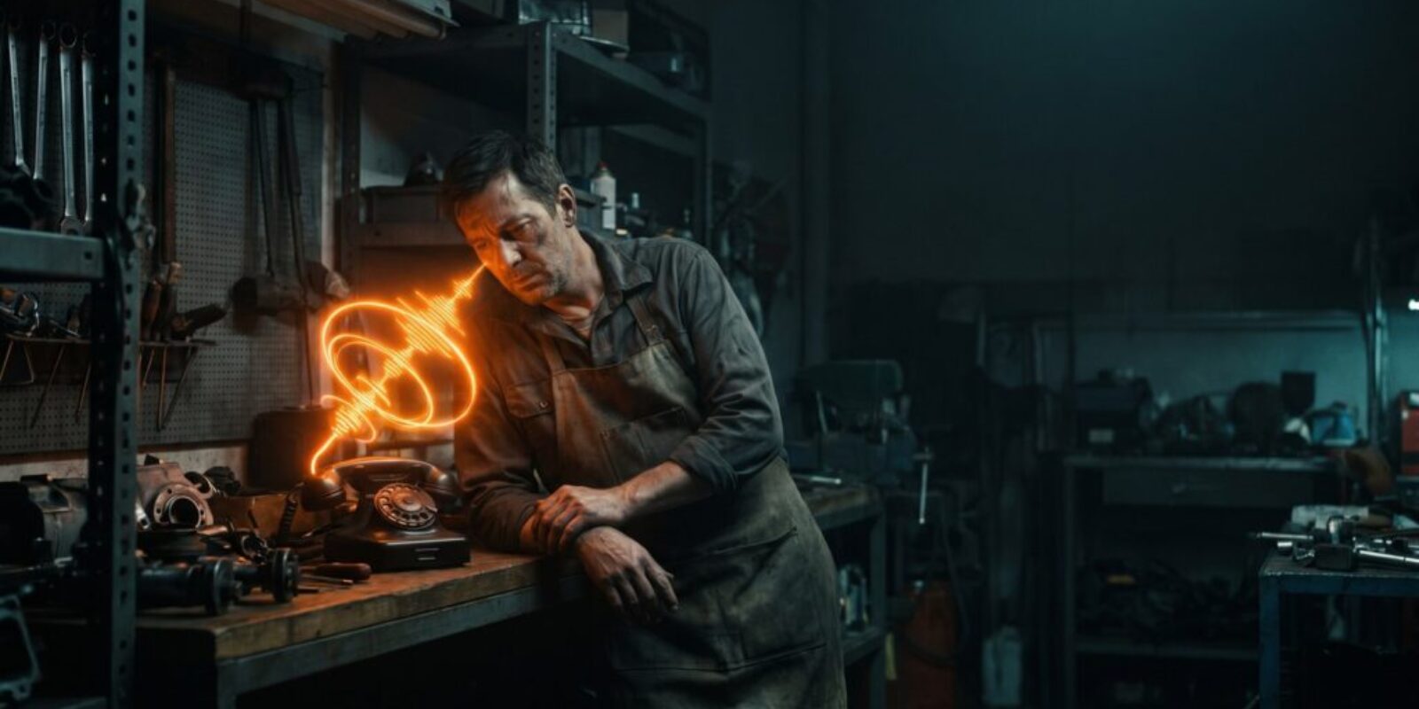 Man repairing vintage telephone with glowing wire in workshop.