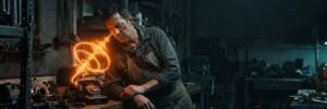 Man repairing vintage telephone with glowing wire in workshop.