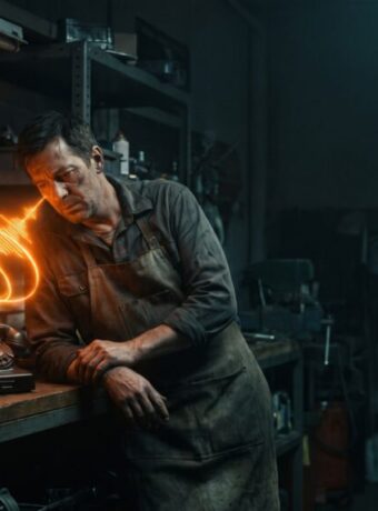 Man repairing vintage telephone with glowing wire in workshop.