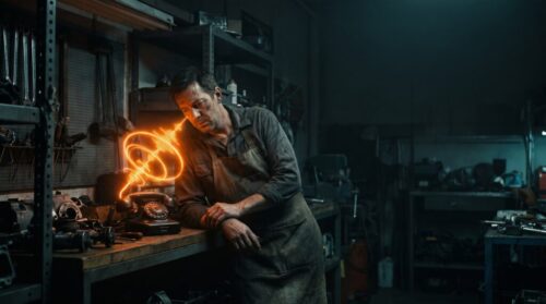 Man repairing vintage telephone with glowing wire in workshop.