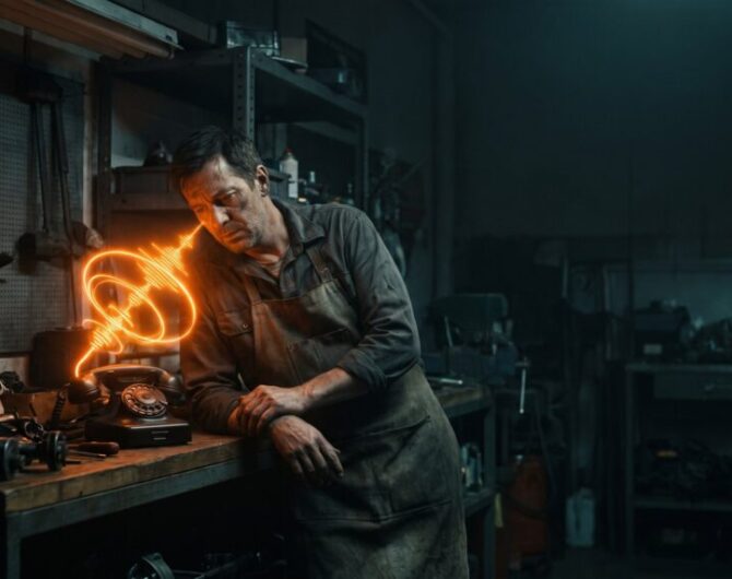 Man repairing vintage telephone with glowing wire in workshop.