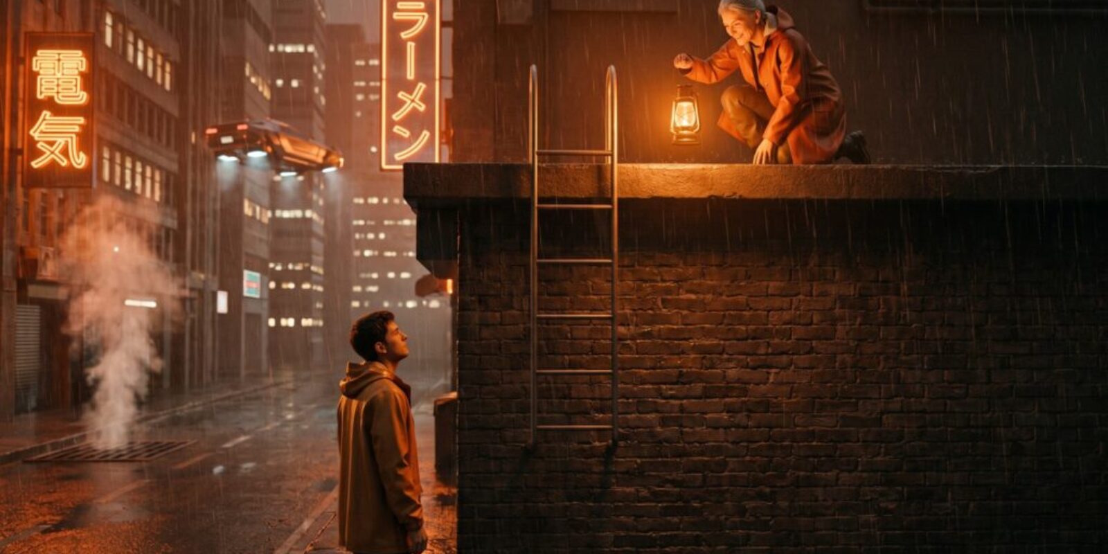 A veteran technician lights a rooftop ladder with a lantern while a young apprentice below looks up at its lowest rung, which ends out of reach above the ground