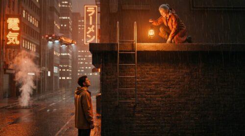 A veteran technician lights a rooftop ladder with a lantern while a young apprentice below looks up at its lowest rung, which ends out of reach above the ground