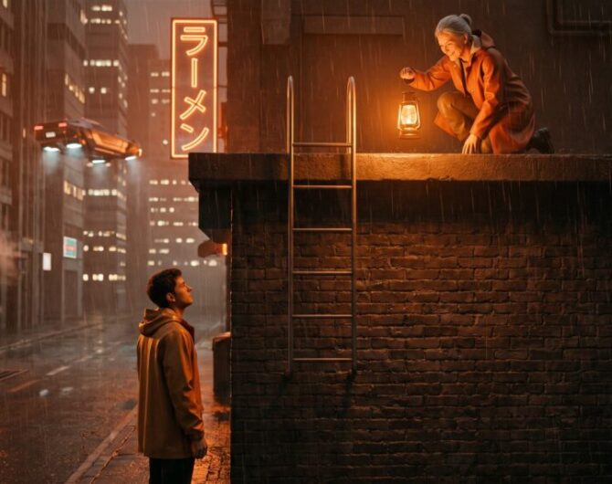 A veteran technician lights a rooftop ladder with a lantern while a young apprentice below looks up at its lowest rung, which ends out of reach above the ground