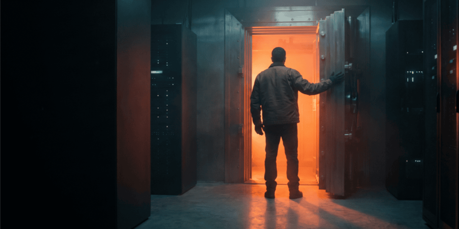 Person entering a high-tech data center with glowing servers and orange lighting.