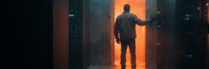 Person entering a high-tech data center with glowing servers and orange lighting.