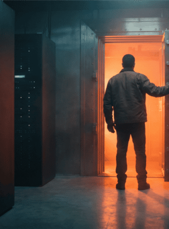 Person entering a high-tech data center with glowing servers and orange lighting.