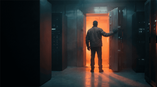 Person entering a high-tech data center with glowing servers and orange lighting.