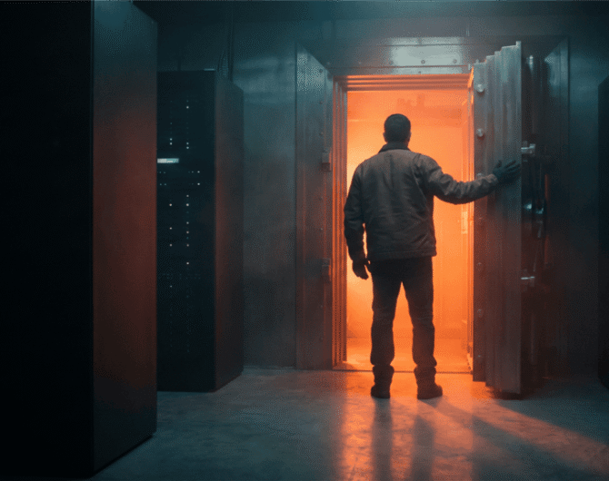 Person entering a high-tech data center with glowing servers and orange lighting.
