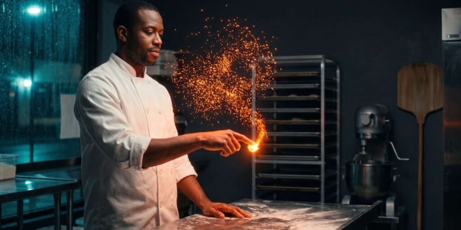 A bakery owner draws a fingertip through a drifting swarm of orange light, and the scattered motes condense into one bright point at his fingertip.
