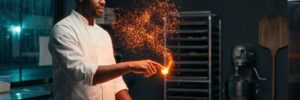 A bakery owner draws a fingertip through a drifting swarm of orange light, and the scattered motes condense into one bright point at his fingertip.
