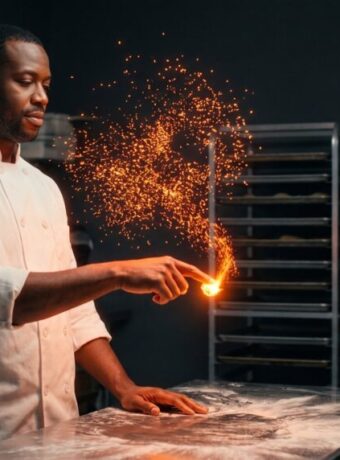 A bakery owner draws a fingertip through a drifting swarm of orange light, and the scattered motes condense into one bright point at his fingertip.