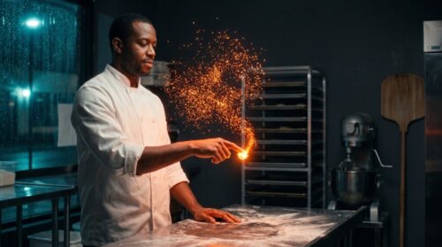 A bakery owner draws a fingertip through a drifting swarm of orange light, and the scattered motes condense into one bright point at his fingertip.