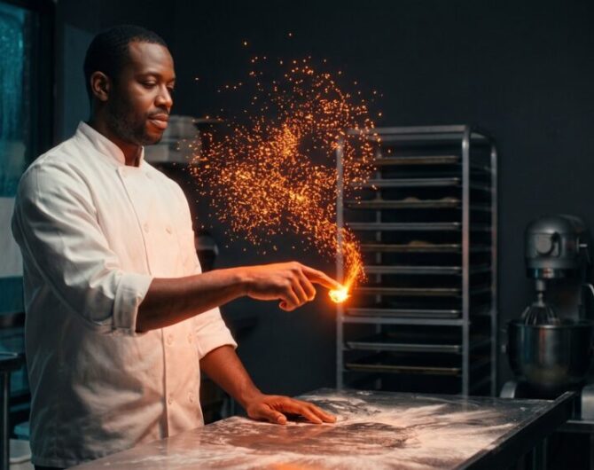 A bakery owner draws a fingertip through a drifting swarm of orange light, and the scattered motes condense into one bright point at his fingertip.