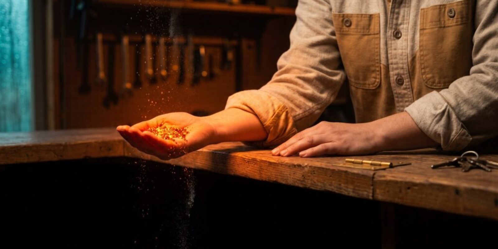 A shop owner's cupped hand catches a heap of glowing orange embers above a workbench while a few slip past her fingers and fall over the counter edge into the dark.