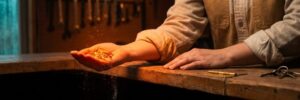 A shop owner's cupped hand catches a heap of glowing orange embers above a workbench while a few slip past her fingers and fall over the counter edge into the dark.