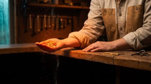 A shop owner's cupped hand catches a heap of glowing orange embers above a workbench while a few slip past her fingers and fall over the counter edge into the dark.