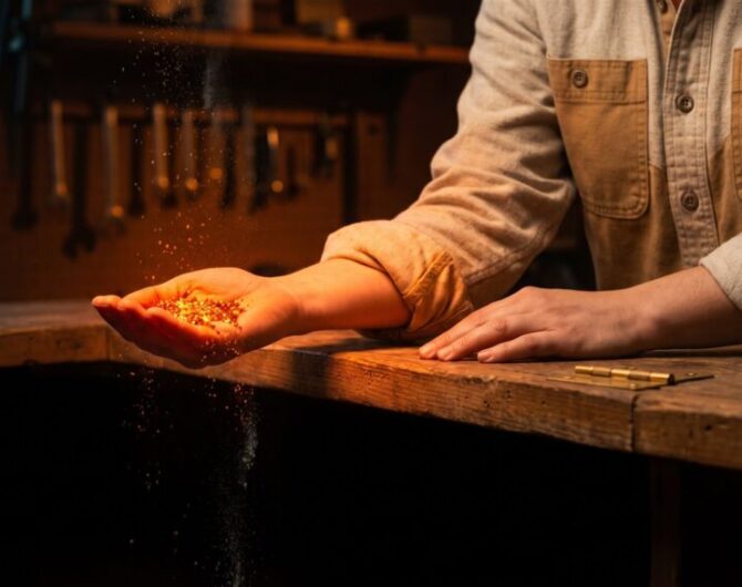 A shop owner's cupped hand catches a heap of glowing orange embers above a workbench while a few slip past her fingers and fall over the counter edge into the dark.