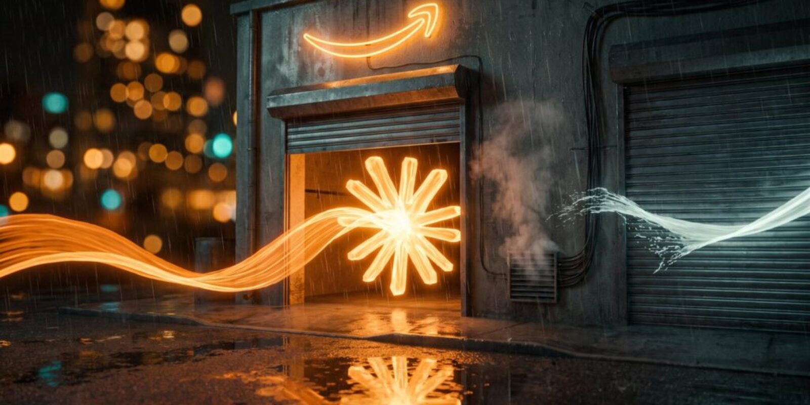 At a rain-soaked warehouse loading dock under a neon Amazon arrow, a ribbon of orange light shaped like the Claude symbol flows through an open door while a cold ribbon of light splashes against the shut door beside it