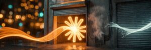 At a rain-soaked warehouse loading dock under a neon Amazon arrow, a ribbon of orange light shaped like the Claude symbol flows through an open door while a cold ribbon of light splashes against the shut door beside it