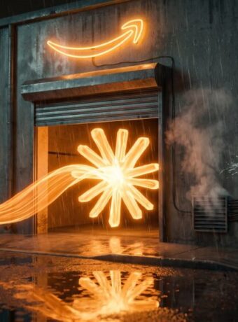 At a rain-soaked warehouse loading dock under a neon Amazon arrow, a ribbon of orange light shaped like the Claude symbol flows through an open door while a cold ribbon of light splashes against the shut door beside it