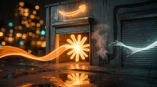 At a rain-soaked warehouse loading dock under a neon Amazon arrow, a ribbon of orange light shaped like the Claude symbol flows through an open door while a cold ribbon of light splashes against the shut door beside it